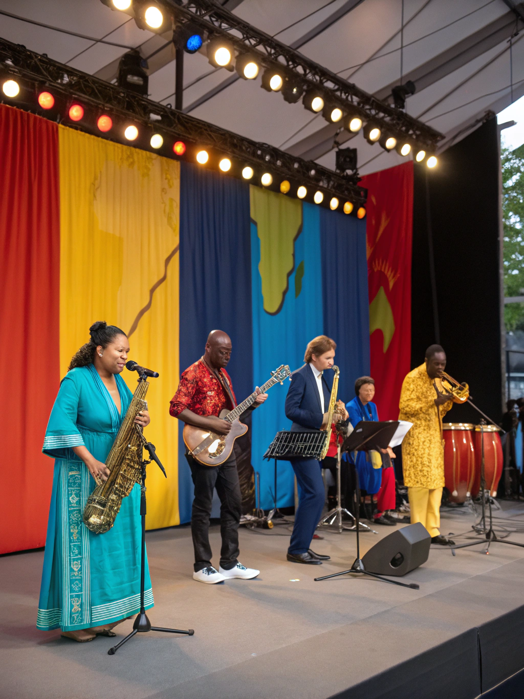 Musicians performing global rhythms on a high-contrast stage