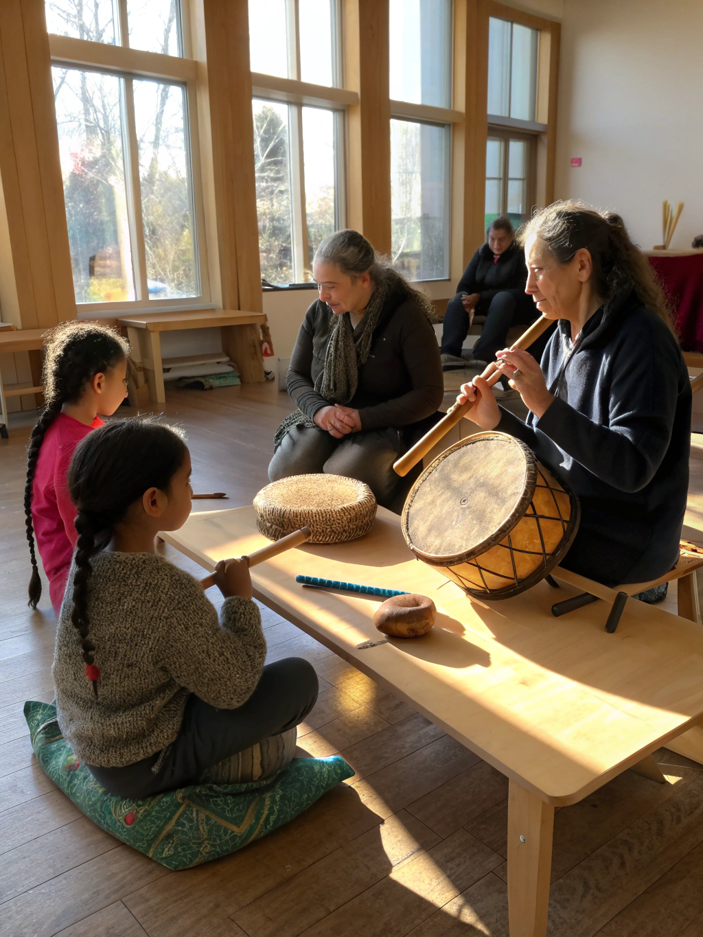 Community members participating in a global music workshop